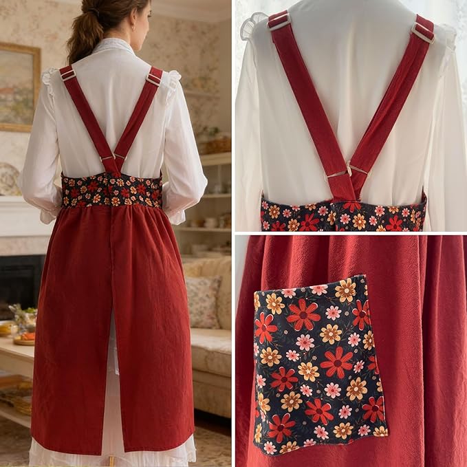 Uaussi Cotton Linen Apron Cross Back Work Apron for Women with Pockets Pinafore Dress X Cross Halter Apron for Chef Gardening