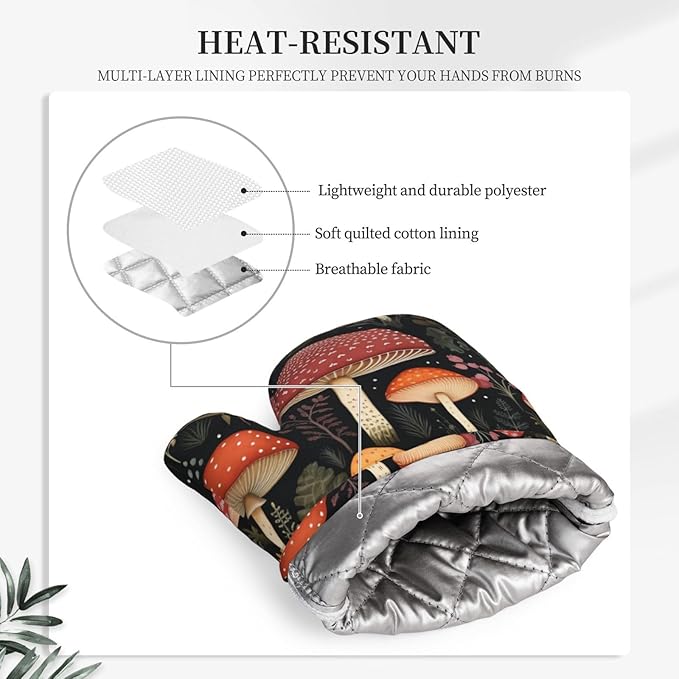 Oven Mitts and Pot Holders Mushroom Botanical Leaf Vintage Silicone Kitchen Accessories Set of 2 Heat Resistant Long Gloves Potholder Non-Slip Grip for Chef Cooking Baking Grilling BBQ