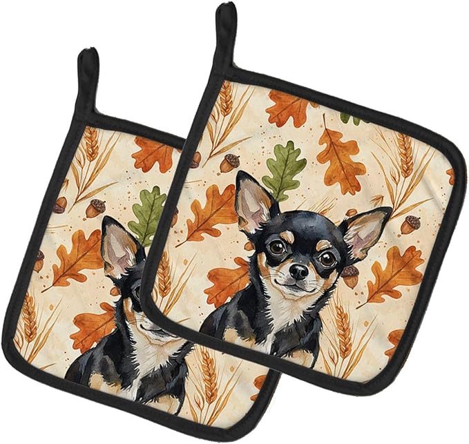 Caroline's Treasures Black and Tan Chihuahua Heirloom Fall Pair of Pot Holders Pair 7.5x7.5 Quilted Insulated Hot Pads Decorative Kitchen Gift Made in USA