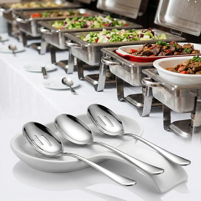 6PCS 10in Large Stainless Steel Serving Spoons Set, Includes 3 Serving Spoons and 3 Slotted Spoon, Large Servings Spoon Set for Catering Buffet, Mirror Polished, Dishwasher Safe