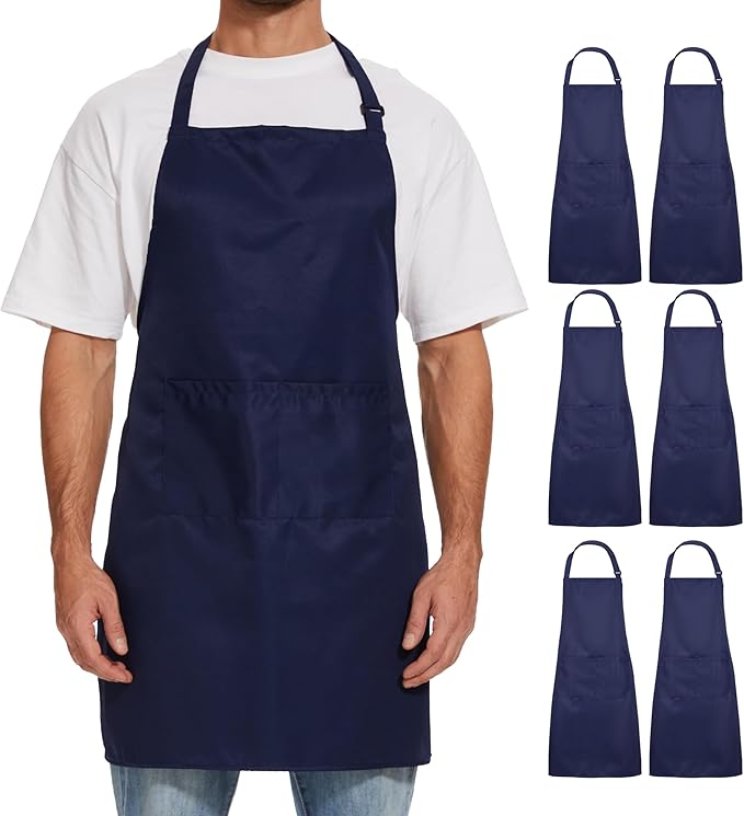 Will Well Kitchen Apron for Men and Women - 33" x 27" Oil-and-Water-Resistant with Adjustable Neck Strap and 38" Waist Ties for a Snug Fit, Lightweight with 2 Front Pockets - 6-Pack, Navy