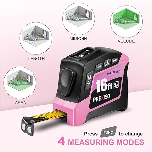 PREXISO 2-in-1 Digital Tape Measure - 16Ft Pink Digital Measuring Tape Rechargeable, Ft/Ft+in/in/M/CM/MM Unit - Metric & Inches Retractable Electronic Tape Measure Auto Lock, Pythagorean, Area, Volume