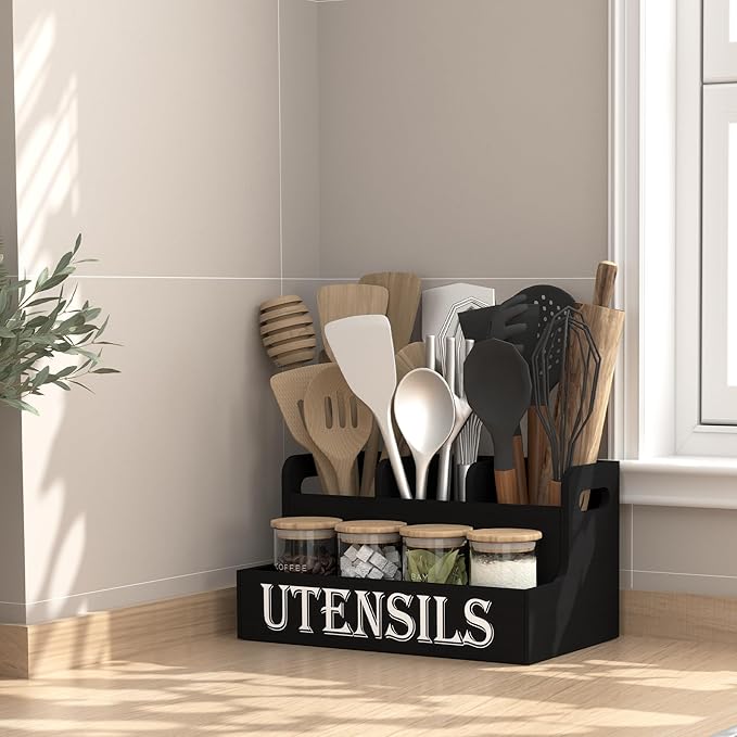 Suli Kitchen Utensils Holder, Wooden Utensil Organizer for Kitchen Countertop, Farmhouse Utensil Storage, Rustic Cooking Utensils ,4 Compartments,- Black