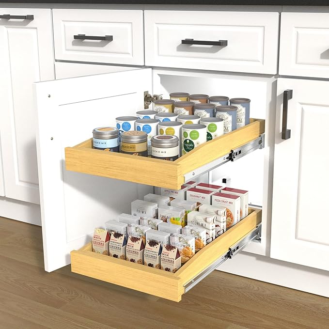 2 Tier Pull Out Cabinet Organizer, 20"W x 21"D Solid Wood Heavy-Duty Base Bottom Assembly Slide out Drawer Shel Cabinet Organization for Kitchen, Pantry, Bathroom