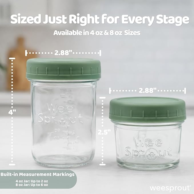 WeeSprout Glass Baby Food Storage Jars w/Lids (8 oz, 8 Pack Set) Snack, Puree, Reusable Small Containers, Breast Milk, Fridge or Freezer, Microwave & Dishwasher Safe, Essential Must Have for Infants