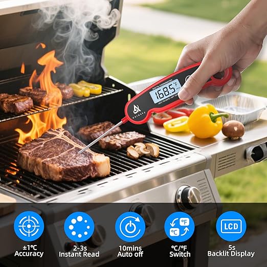 Instant-Read Meat Thermometer Digital for Cooking and Grilling, Waterproof Food Thermometer with Backlight, Calibration & Hold Function for Kitchen, BBQ, Deep Fry, Candy, Liquid (Red)