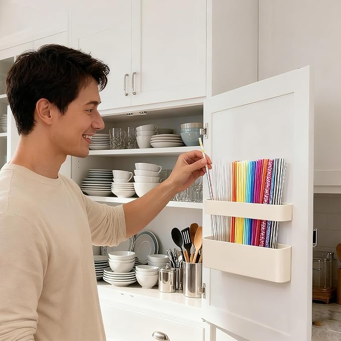 MoodLife 2-Pack Silicone Straw Holder for Cabinet Door,Reusable Adhesive Container for Kitchen Storage Solutions, Cupboard Organizer and Space Saving Hacks (White)