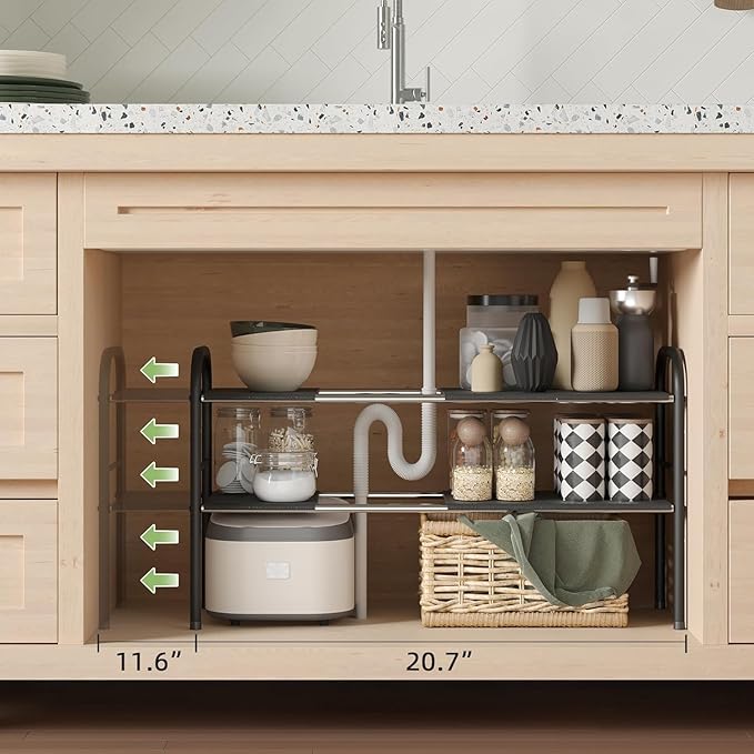Under Sink Organizer, 2-Tier Expandable Stainless Steel Storage Rack with Removable Panels, Waterproof Anti-Slip Cabinet Shelf for Kitchen, Bathroom & Laundry