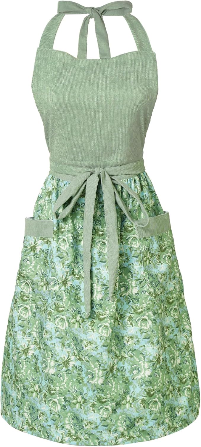 Cute Floral Aprons for Women with Pockets,Cotton Adjustable Neck Strap Apron for Kitchen Cooking Baking Gardening