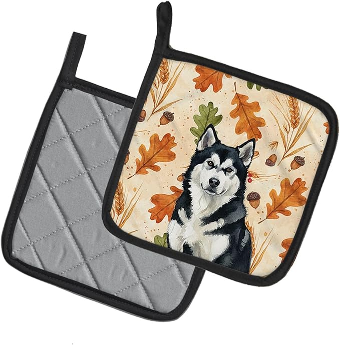Caroline's Treasures Black and White Alaskan Malamute Heirloom Fall Pair of Pot Holders Pair 7.5x7.5 Quilted Insulated Hot Pads Decorative Kitchen Gift Made in USA