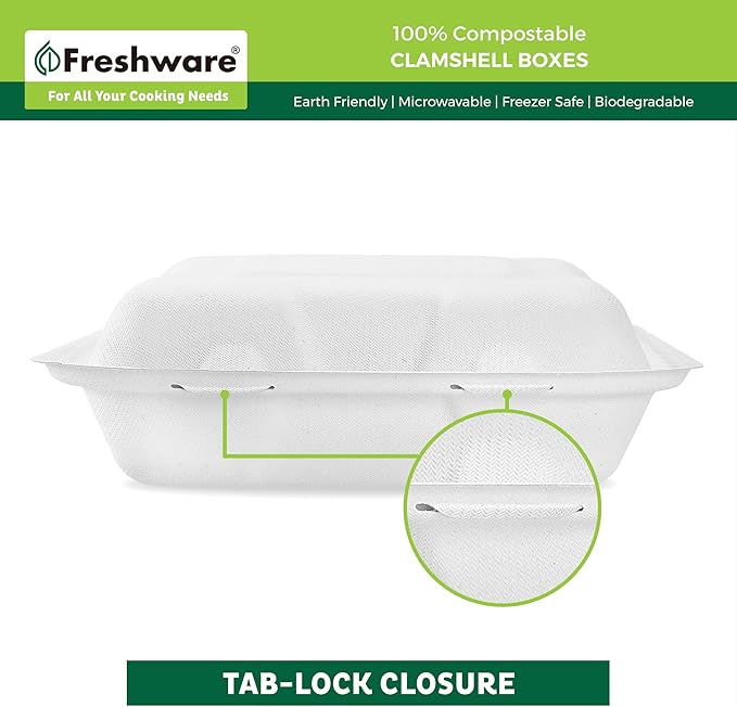 Freshware Compostable Clamshell Food Containers [8x8"] 3-Compartment 50-Pack, Disposable Containers, Biodegradable Sugarcane To Go Boxes - Paper Food Containers - Microwave & Freezer Safe, Stackable