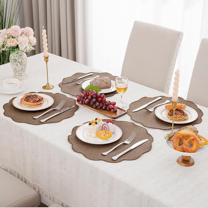 SHACOS Scalloped Round Placemats Set of 6 Polyester Linen Blend 15 inch Washable Non Slip Place Mats Easy Clean Heat Resistant Table Mats for Kitchen Dining Table Decor, Brown