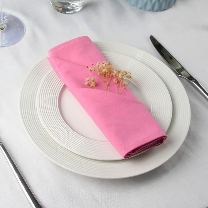 Solid Color Cotton Blended Dinner Cloth Napkins - Set of 12 (17 x 17 inches) - for Wedding Parties Events & Home Use (Pink)