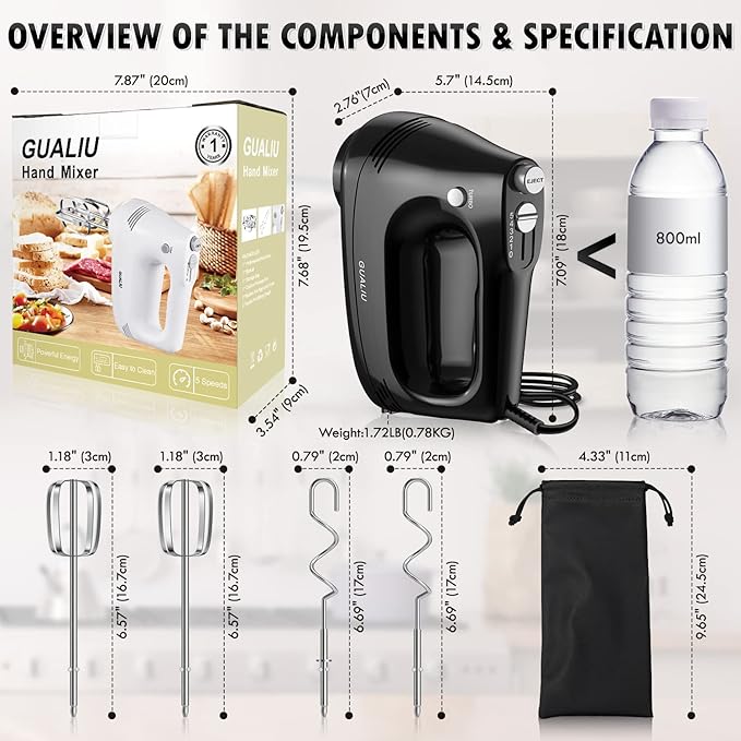 GUALIU Electric Hand Mixer with Stainless Steel Whisk, Dough Hook Attachment and Storage Bag, Handheld Mixer for Baking Cakes, Eggs, Cream Food Mixers. Turbo Boost /5 Speed Kitchen Blender