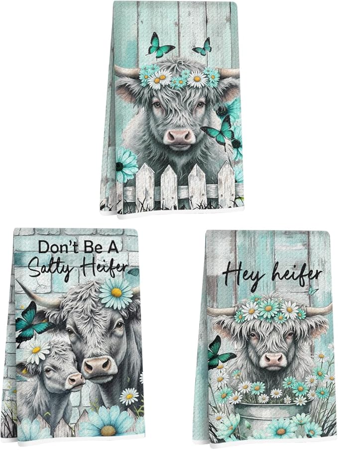 3 Pcs Cattle Kitchen Towels, Cow Vintage Themed Dish Towel Bathroom Decorative Rustic Cloths for Kitchen Bathroom Home Cooking Housewarming Gifts, Cow Gifts for Women
