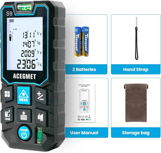ACEGMET Laser Measure, 393ft/120m Laser Measurement Tool, Laser Measuring Tool with 2 Bubble Levels, LCD Backlit Display, IP54 Waterproof, Pythagorean Mode for Distance, Area, Volume