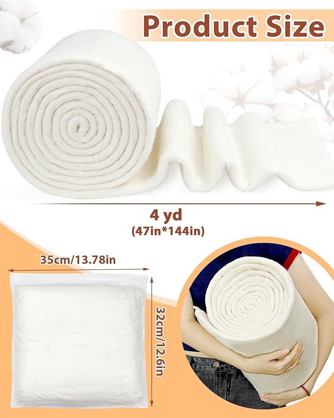 FIVEIZERO 100% Natural Cotton Quilt Batting–47Inchesx4Yards Large Lightweight Batting Fabric,Quilting Batting by The Yard for Sewing,Crafts,Potholders,Backing,Wadding,Twin & King Size Quilt Projects