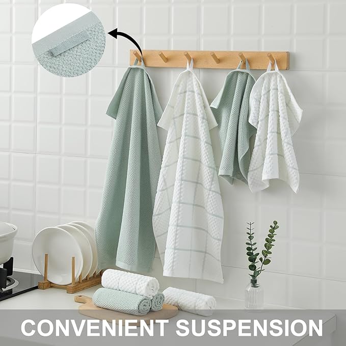 12 Pack Kitchen Towels and Dishcloths Set, 100% Cotton Soft and Absorbent Kitchen Towels 16 x 25 inche & 13 x 13inche Dishcloths