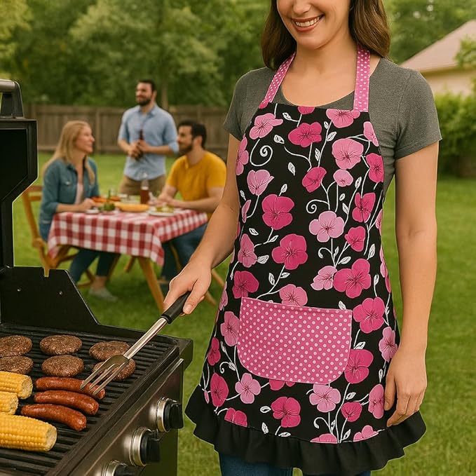 G2PLUS Cotton Kitchen Apron with Pocket, Adjustable Cooking and Baking Apron for Women, Floral Chef Apron for BBQ, Housewarming Gift, Farmhouse Kitchen Decor (Pink + Black)