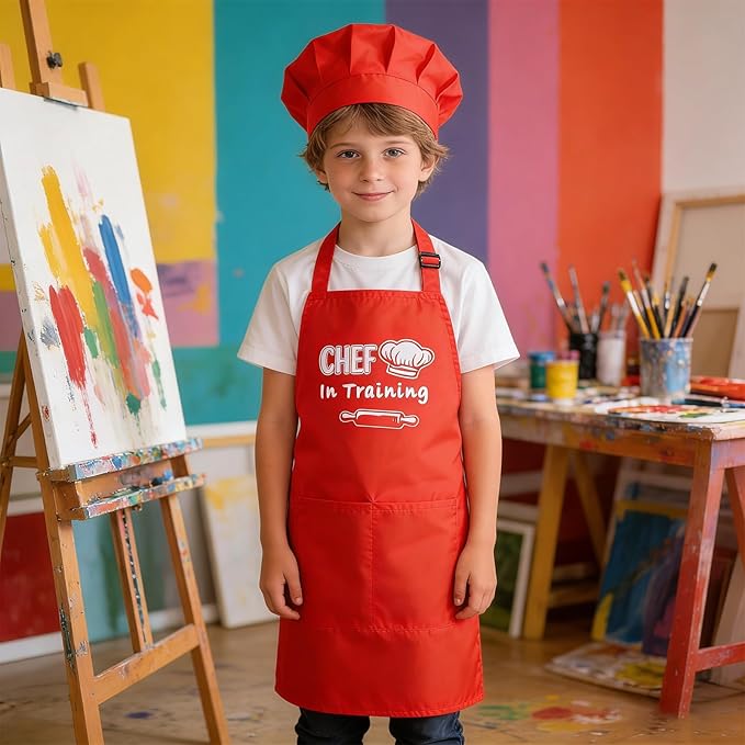 Kids Apron and Chef Hat Set Adjustable Child Aprons with 2 Large Pockets for Girls Boys Cooking Baking Painting Gift