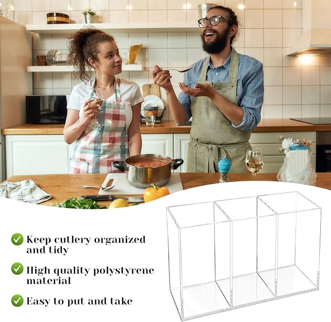 Rainmae Acrylic Cutlery Storage Organizer, Plastic Cutlery Utensil Holder Storage Organizer Caddy for Kitchen Countertop Organization - Holds Fork, Knife, Spoon, Silverware Tableware Storage Box