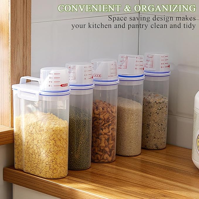 AKOLAFE 4 Pack Flour Container 5LB Pantry Food Storage Containers with Lids Airtight & Measuring Cup Small Air Tight Rice Holder Bin Plastic Cereal Grain Dispenser Kitchen for Sugar Dry Goods Pet Food