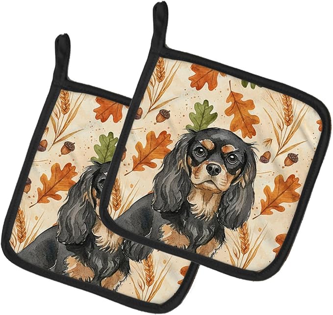 Caroline's Treasures Black and Tan Cavalier Spaniel Heirloom Fall Pair of Pot Holders Pair 7.5x7.5 Quilted Insulated Hot Pads Decorative Kitchen Gift Made in USA