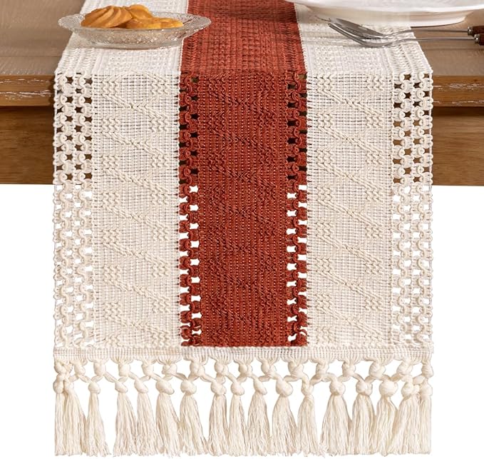 Socomi Boho Table Runner Easter Spring Farmhouse Rustic Dining Kitchen Small Macrame Woven Cotton Linen Coffee Table Runner for Dresser Scarf Home Decor 12x48 inch Terracotta Ivory
