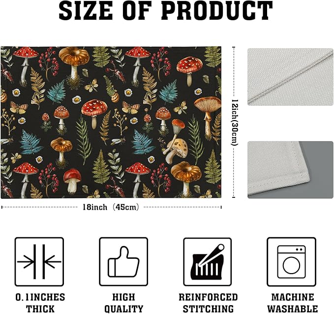 Watercolor Mushroom Placemats Fern Leaves Cotton Linen Place Mat Washable Table Mat for Party Dining