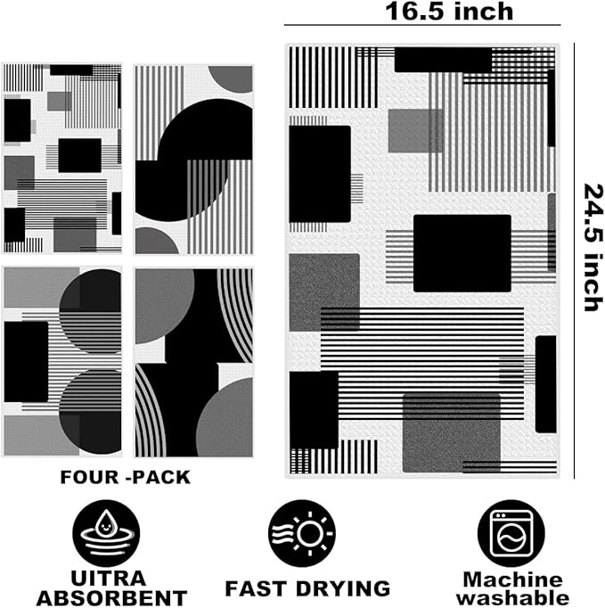 4 Pcs Abstract Black and White Kitchen Towels, Abstract Decor Tea Hand Towel, Microfiber Dish Cloths for Drying Dishes, Waffle Dish Towels for Kitchen Bathroom, Housewarming Gifts for Women