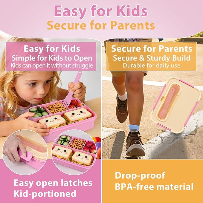 Caperci 50oz Larger Bento Box for Kids - Reinforced Leakproof Lunch Box Containers for Kids, Built-in Sauce Cup, Utensils, 4 Compartments, BPA-Free Microwave & Dishwasher Safe (Yellow/Pink)