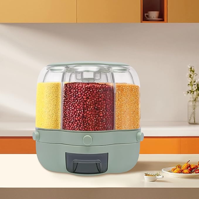 6 Grids Grain Dispenser Can, 360°Rotating Cereal Rice & Grain Storage Container with Lid Rotatable Sealed Food Storage Bucket Dry Food Dispenser for Grains Beans (17.63Lbs Matcha Color)
