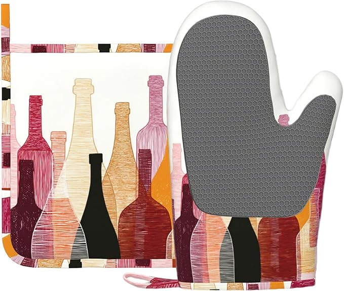 Red Wine Bottle Oven Mitts and Pot Holders Sets Non-Slip Silicone Surface for BBQ Gloves,Kitchen,Cooking,Baking,Grilling