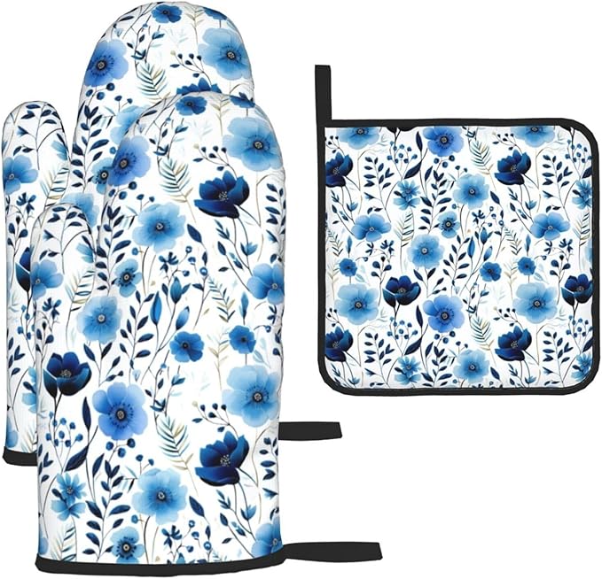 Blue Floral Oven Mitts and Pot Holders Sets of 3, Heat Resistant Cute Decorative Blue Flowers Kitchen Gloves and Hot Pad for Home Cooking Baking Grilling, Baking Gifts for Women, Holiday Kitchen Decor