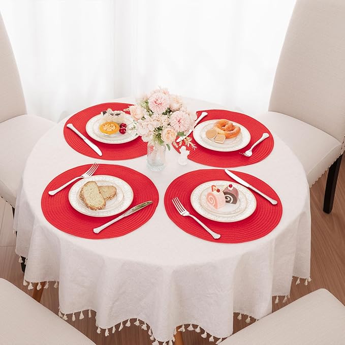 SHACOS 15 inch Round Placemats Set of 6 Braided Non Slip Washable Place Mats for Dining Tables Kitchen Table Mats Home Wedding Party Decor (Red, 6)