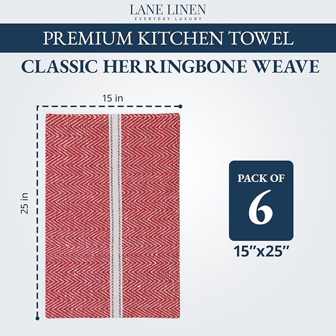 LANE LINEN Kitchen Towels Set - 100% Pure Cotton Dish Towels for Kitchen, Super Absorbent Kitchen Hand Towel, Tea Towels, Soft & Durable Dish Cloths, Pack of 6 – 14”x25”, Red