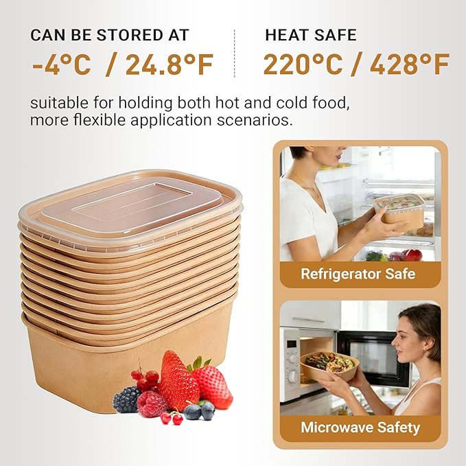 25 oz Disposable Bowls with Lids, 200 Sets Kraft Paper Bowls Square, Disposable Meal Prep Food Container with Sealing Lid, Microwave Safe Leakproof is Perfect for Party Lunch Hot Soup