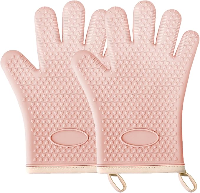 Silicone Oven Gloves with Fingers, High Temperature 450F Heat Resistant Oven Mitts Waterproof & Non-Slip Good Grip BBQ Grilling Gloves for Kitchen Cooking, Baking, Welding (Pink) ﻿
