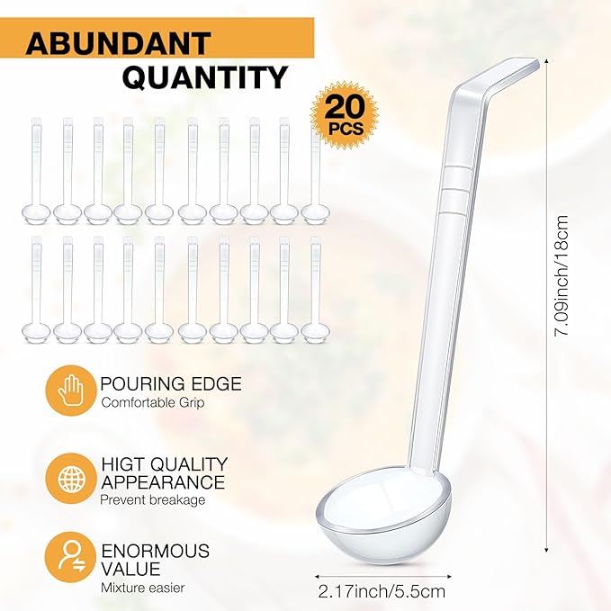 Tioncy 20 Pcs 1 oz Plastic Small Ladles with 7 Inches Long Handle, Mini Ladle for Serving Salsa Sauce Dressing Punch Bowl Sauces and Toppings (Clear)
