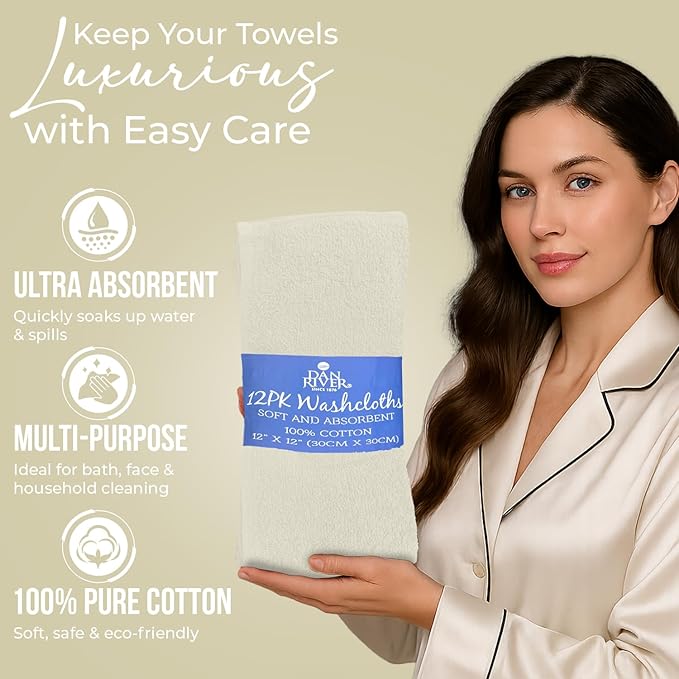 DAN RIVER 12 Pack Wash Cloths for Showering [12x12] - 100% Cotton Washcloths Premium Quality Flannel Face Cloths for Bathroom, Highly Absorbent and Soft Feel Wash Clothes, Ivory