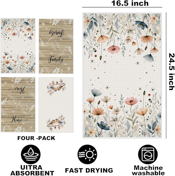 4 Pcs Flower Kitchen Towels, Bird Soft Absorbent Tea Hand Towel, Microfiber Dish Cloths for Drying Dishes, Waffle Dish Towels for Kitchen Bathroom Home Decor, Farmhouse Gifts for Women Mom