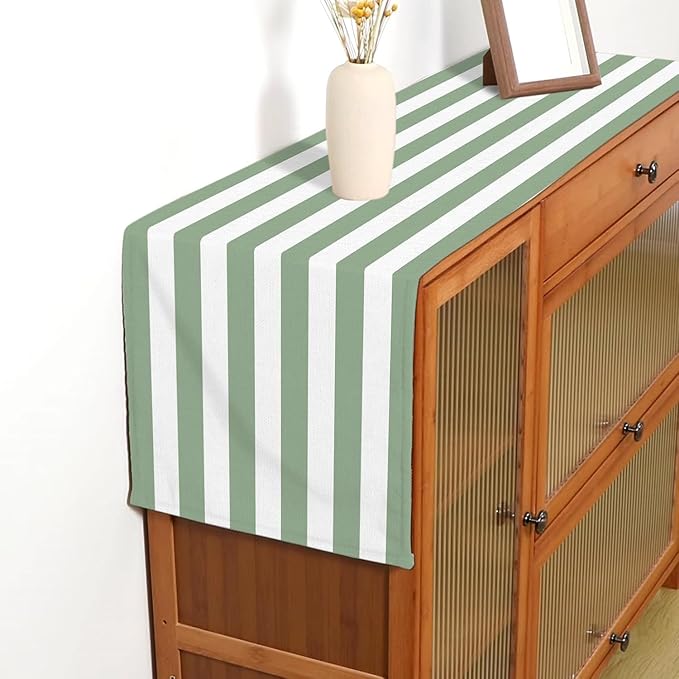 Sage Green and White Cabana Striped Table Runner Baby Shower Birthday Party Decoration Wedding Dining Room Home Kitchen Table Decor (Sage Green, 13" x 90")