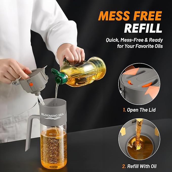 2-in-1 Oil Sprayer and Dispenser – 550ml Glass Olive Oil Bottle with Spray and Pour Modes – BPA-Free, Leakproof, Kitchen Oil Mister for Cooking, Air Fryer, BBQ (Gray)