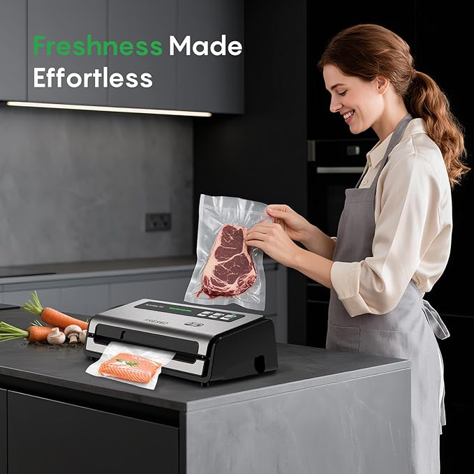 FRESKO Food Vacuum Sealer with Automatic Bag Detection, 0.2-inch Widened Heating Strip, Built-in Bag Roll Storage & Cutter, 2 Rolls Bags, Starter Kit