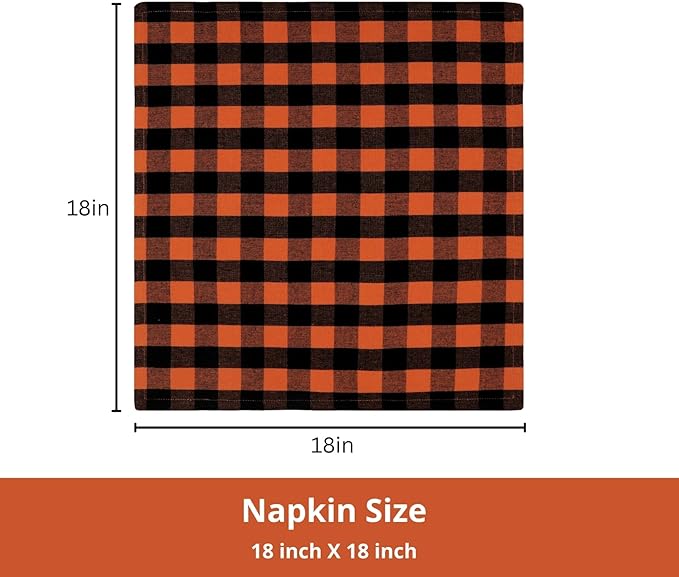 PurpleEssences Buffalo Plaid Cloth Napkins - Mitered Corners - Spring Easter Summer - Gingham Check Dinner Napkin - Set of 12-100% Cotton - 18x18 Inch - Reusable Washable - Orange and Black