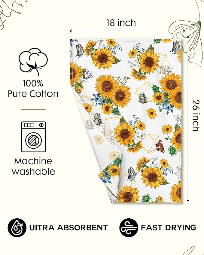 Miss Adola Flour Sack Kitchen Towels - Set of 2 Spring Dish Towels with Hanging Loop 18x26 Inch Absorbent Reusable Cotton Cloths for Cleaning Cute Design Home Decorative Housewarming, Sunflower
