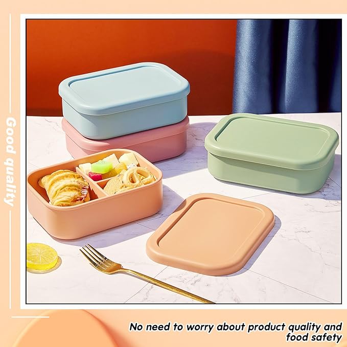 Layhit 4 Pcs Silicone Bento Box for Adults, 27 oz Bento Lunch Container Reusable 3 Compartment Lunchable Food Container for Women Men, Leak Proof Microwave Dishwasher Freezer Safe (Dark Colors)