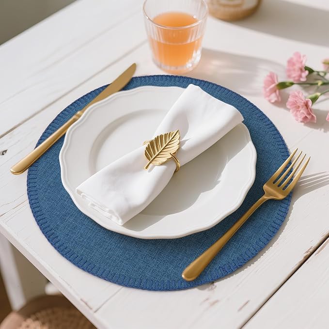 Round Placemats Set of 6, 15 Inch Linen Fabric Table Placemats, Heat Resistant, Wrinkle Free Washable Placemats Kitchen Place Mats Set of 6 for Dining Table Party Table (Navy Blue, 6)