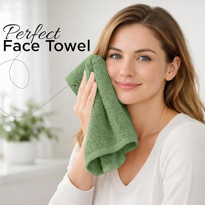 DAN RIVER 12-Pack Premium 100% Cotton Sage Green Face Towels for Bathroom - Reusable Face Wash Cloths for Showering 12x12 Inches - 550 GSM Super Soft & Absorbent Luxury WashCloths for Body, Spa & Gym