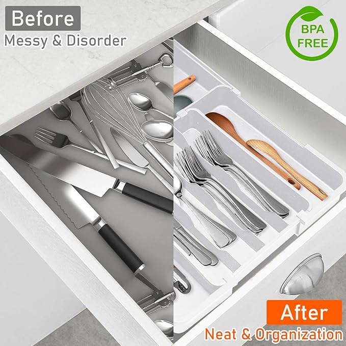 Spaclear Silverware Organizer - Expandable Kitchen Drawer Organizer, BPA-Free Food-Safe Utensil Drawer Organizer with 7 Compartments, Deep Cutlery Tray for Forks, Knives, White